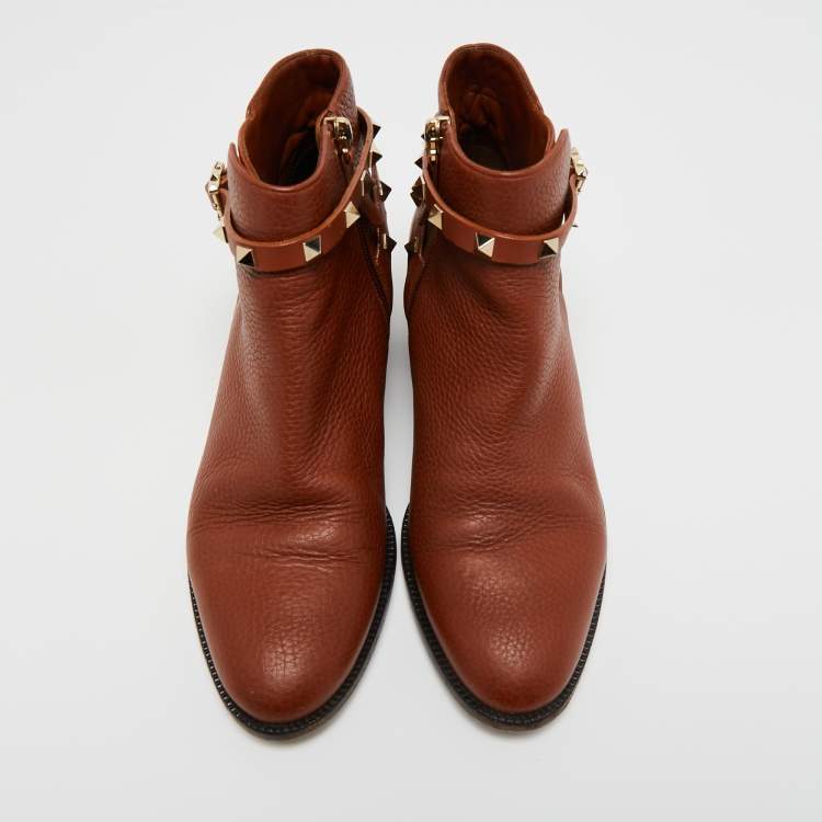 Pre Owned Valentino Brown Leather Rockstud Ankle Length Boots Size 39