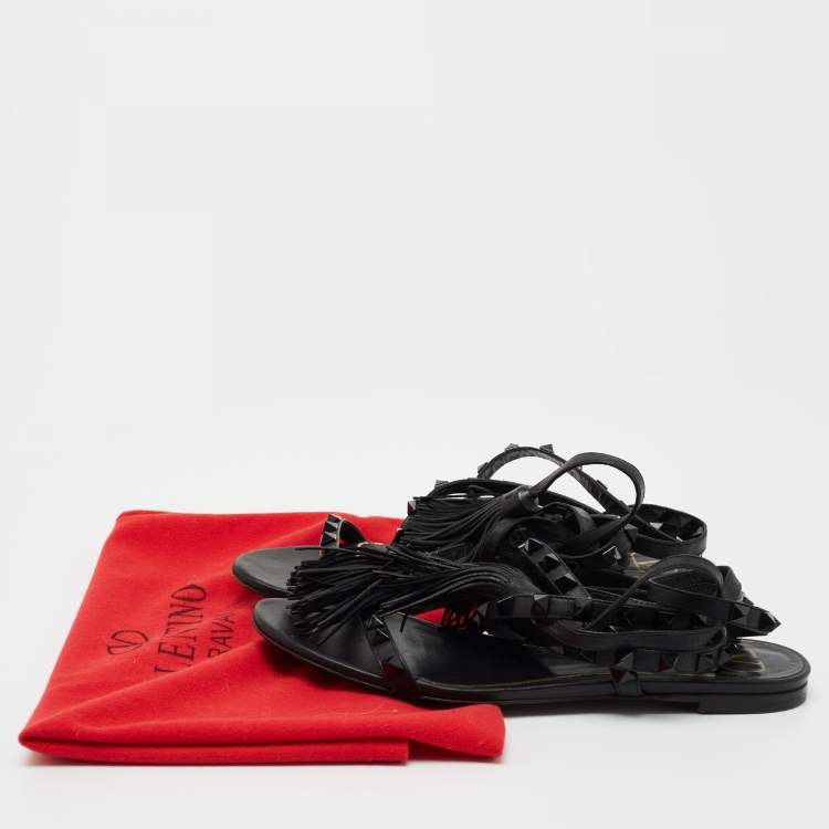 Pre Owned Valentino Black Leather Rockstud Ankle Wrap Sandals Size 36