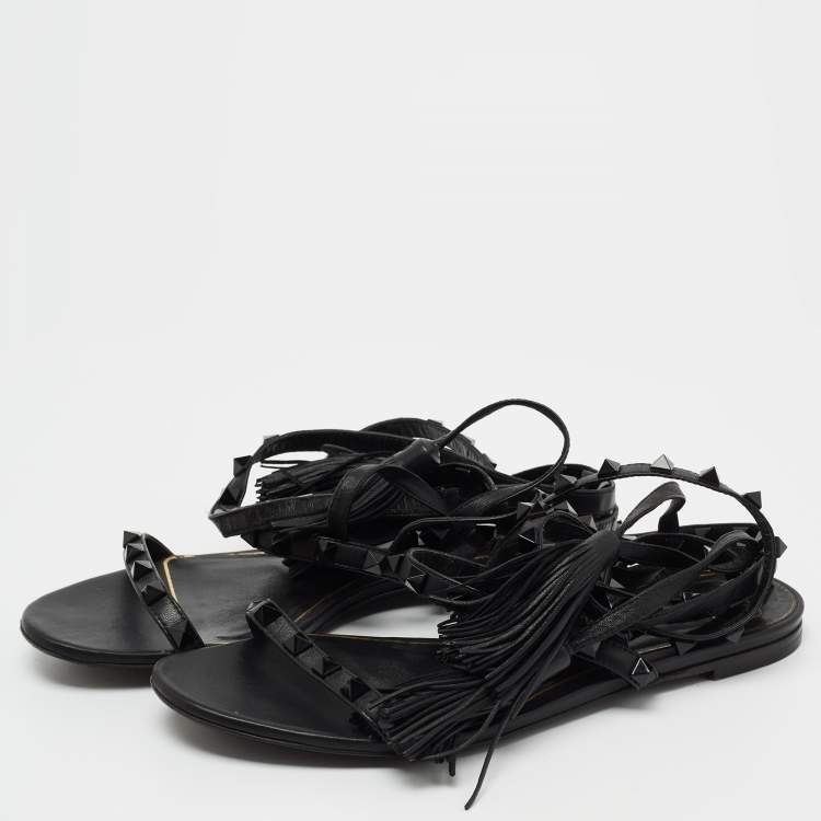 Pre Owned Valentino Black Leather Rockstud Ankle Wrap Sandals Size 36