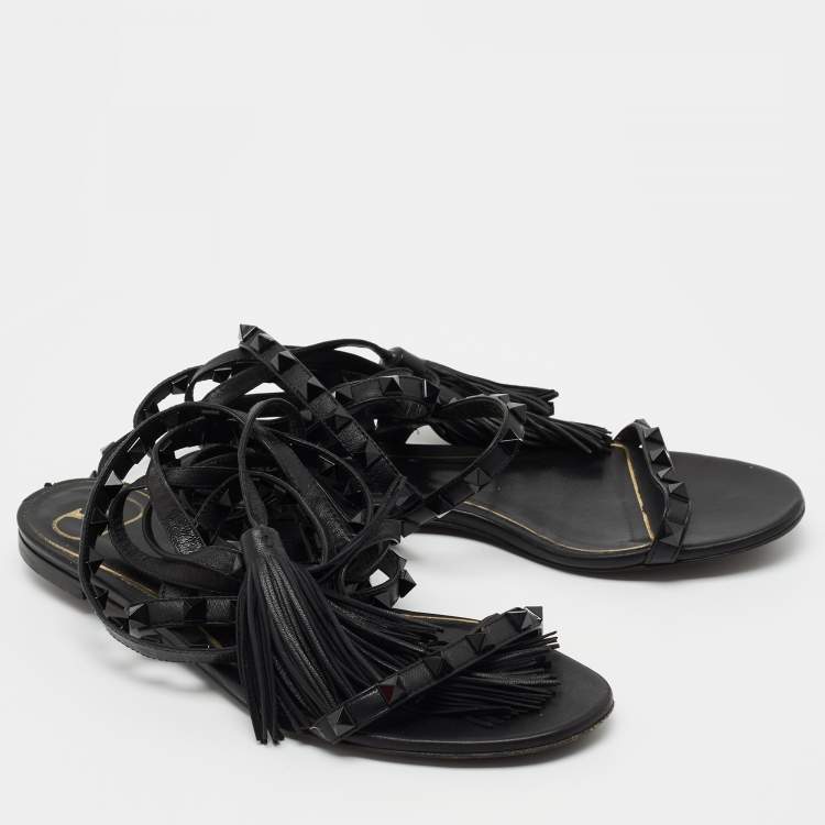 Pre Owned Valentino Black Leather Rockstud Ankle Wrap Sandals Size 36