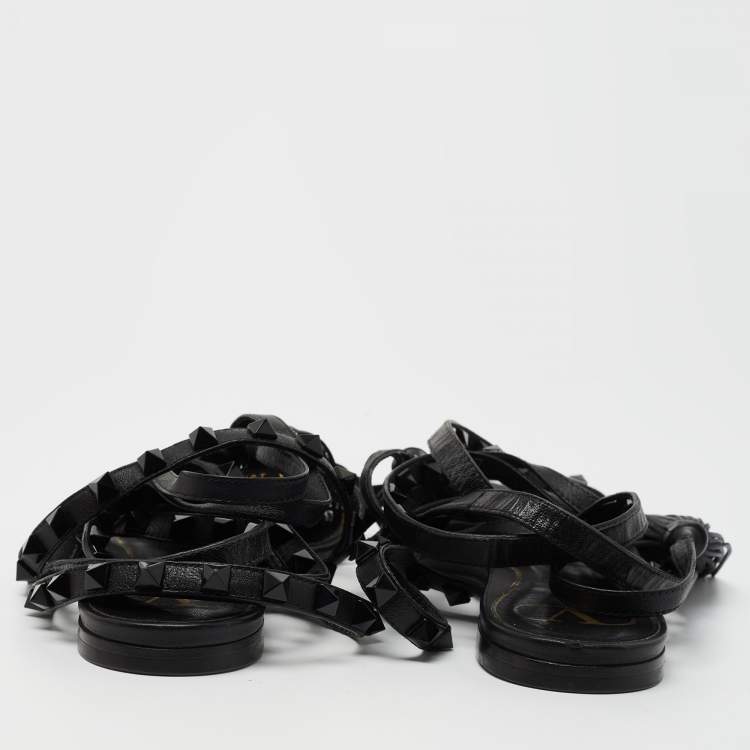 Pre Owned Valentino Black Leather Rockstud Ankle Wrap Sandals Size 36