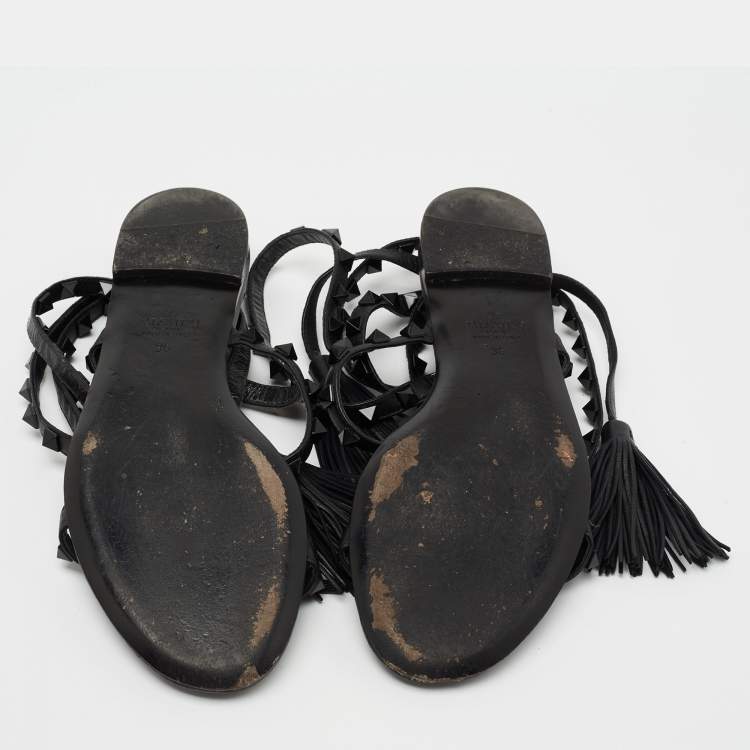 Pre Owned Valentino Black Leather Rockstud Ankle Wrap Sandals Size 36
