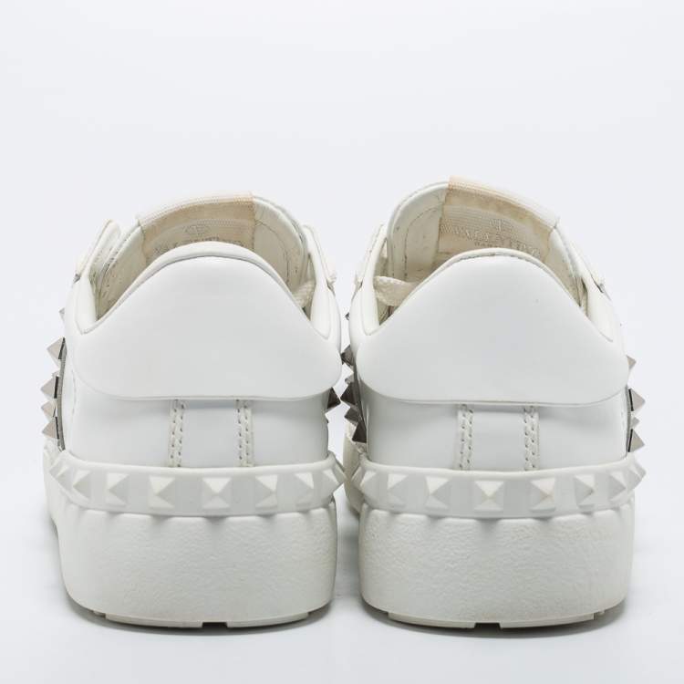 Pre Owned Valentino White/Silver Leather Rockstud Sneakers Size 36