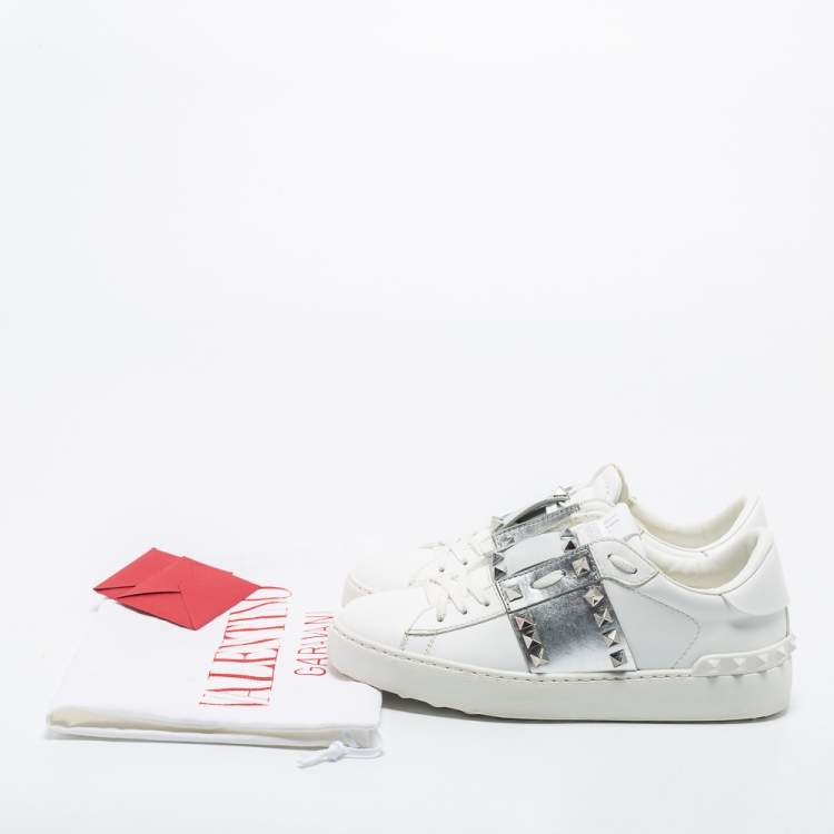 Pre Owned Valentino White/Silver Leather Rockstud Sneakers Size 36