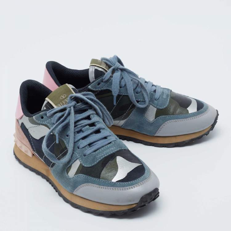Pre Owned Valentino Multicolor Leather and Suede Rockrunner Sneakers Size 36