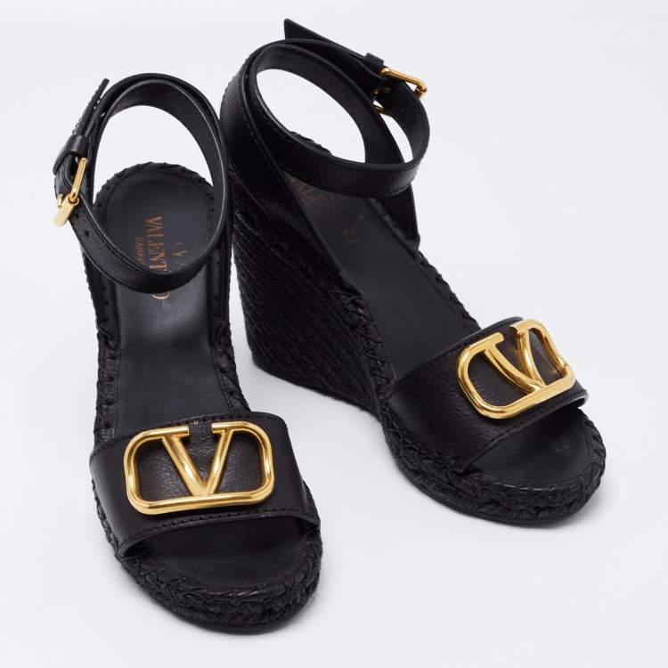 Pre Owned Valentino Black Leather V-Logo Wedge Espadrille Sandals Size 36