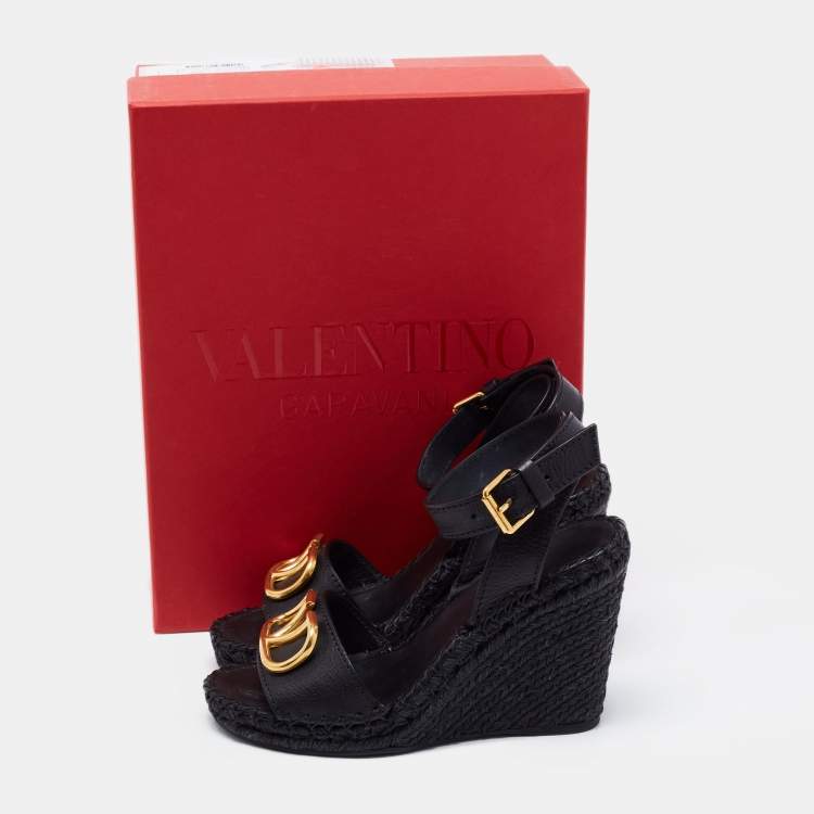 Pre Owned Valentino Black Leather V-Logo Wedge Espadrille Sandals Size 36