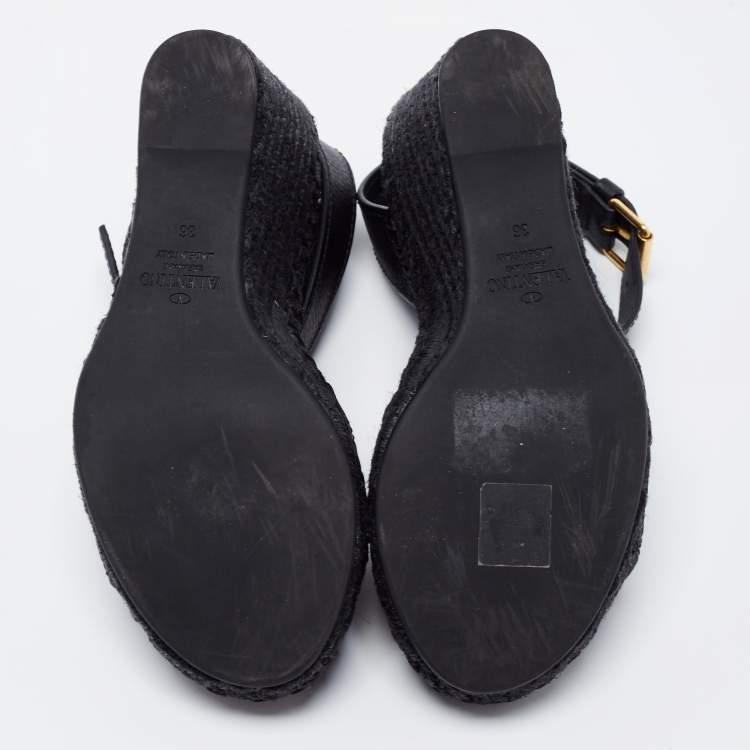 Pre Owned Valentino Black Leather V-Logo Wedge Espadrille Sandals Size 36