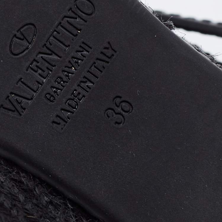 Pre Owned Valentino Black Leather V-Logo Wedge Espadrille Sandals Size 36