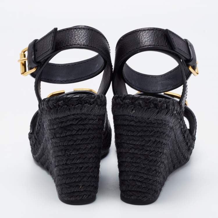 Pre Owned Valentino Black Leather V-Logo Wedge Espadrille Sandals Size 36