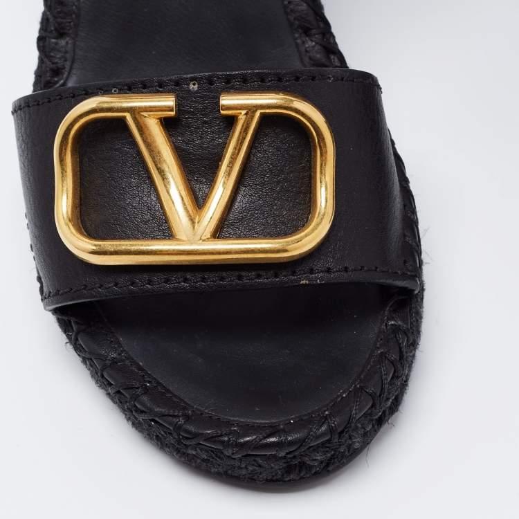 Pre Owned Valentino Black Leather V-Logo Wedge Espadrille Sandals Size 36