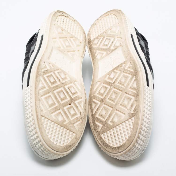Pre Owned Valentino Black/White Canvas and Leather Star Embellished Slip On Sneakers Size 45
