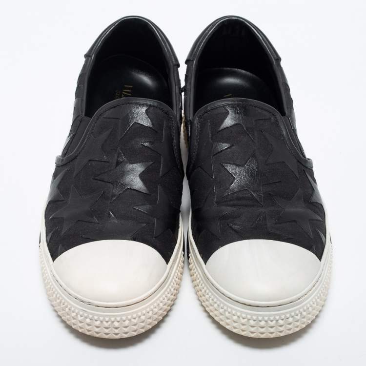 Pre Owned Valentino Black/White Canvas and Leather Star Embellished Slip On Sneakers Size 45