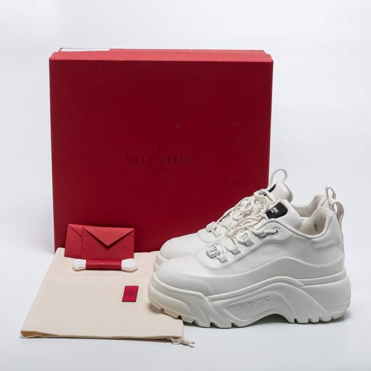 Pre Owned Valentino White Leather Lace Up Sneakers Size 38