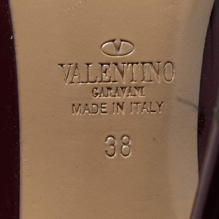 Pre Owned Valentino Burgundy/Dusty Pink Patent and Leather Rockstud Ankle Strap Pumps Size 38