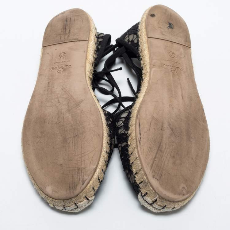 Pre Owned Valentino Black Lace Ankle Tie Espadrille Flats Size 37