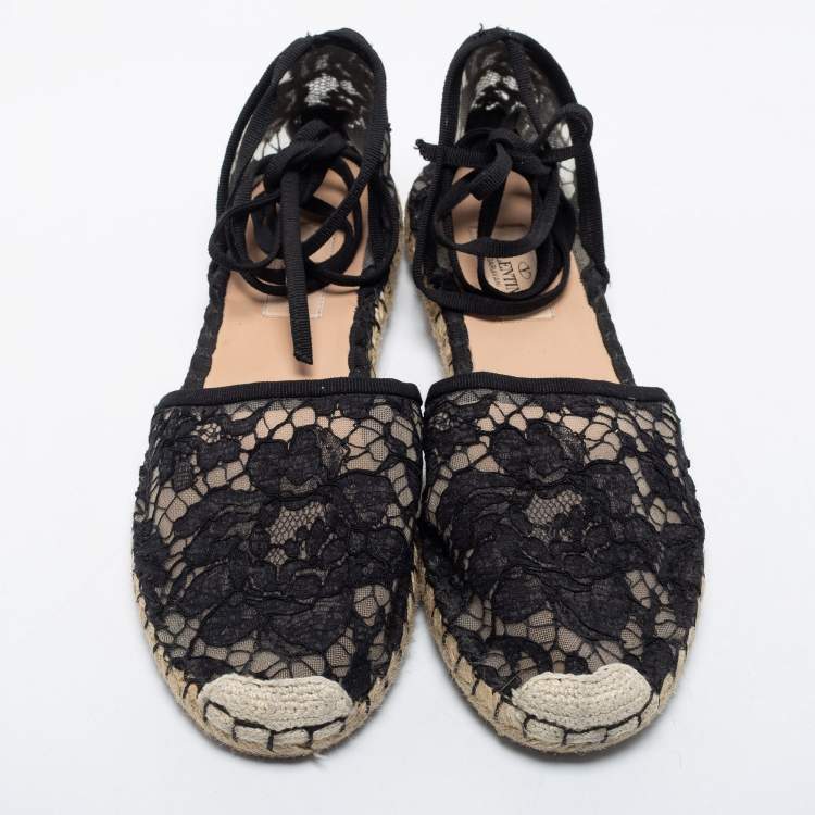 Pre Owned Valentino Black Lace Ankle Tie Espadrille Flats Size 37