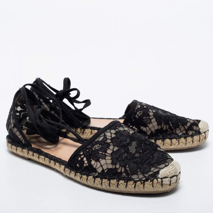 Pre Owned Valentino Black Lace Ankle Tie Espadrille Flats Size 37
