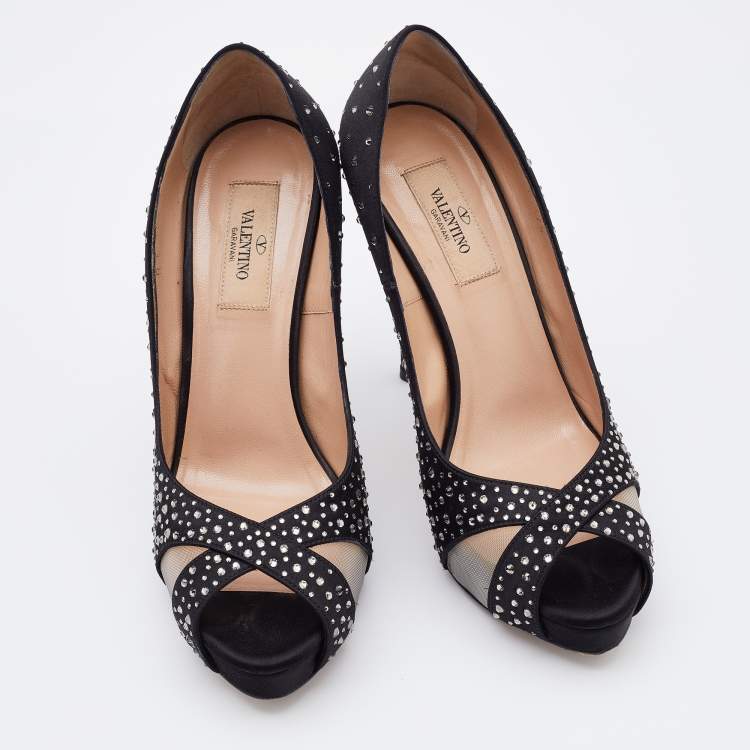 Pre Owned Valentino Black Satin and Mesh Crystal Embellished Platform Pumps Size 37.5