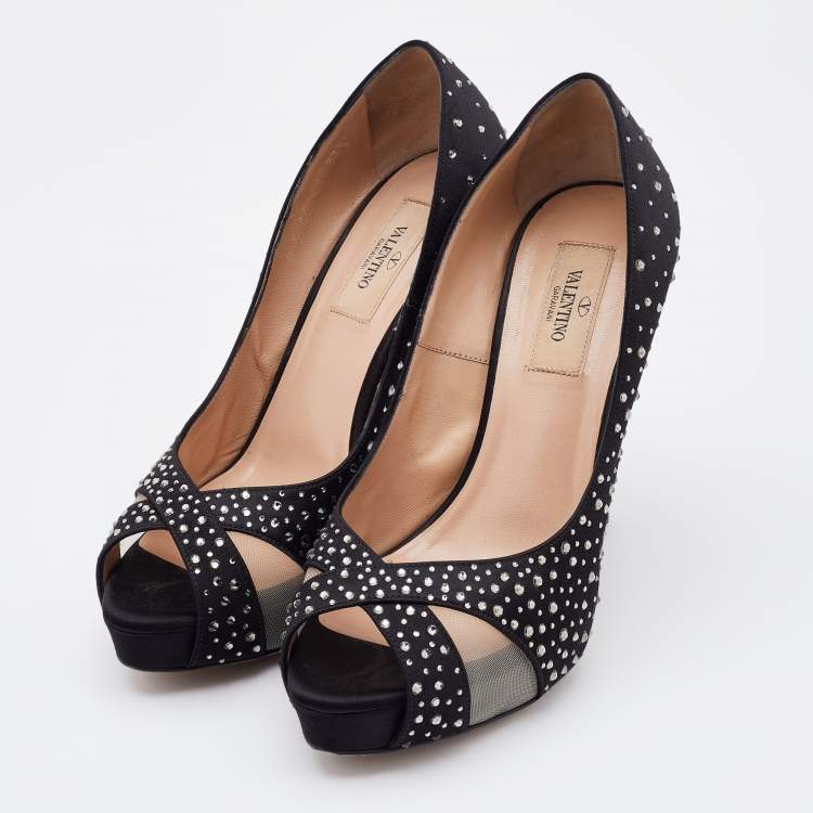 Pre Owned Valentino Black Satin and Mesh Crystal Embellished Platform Pumps Size 37.5