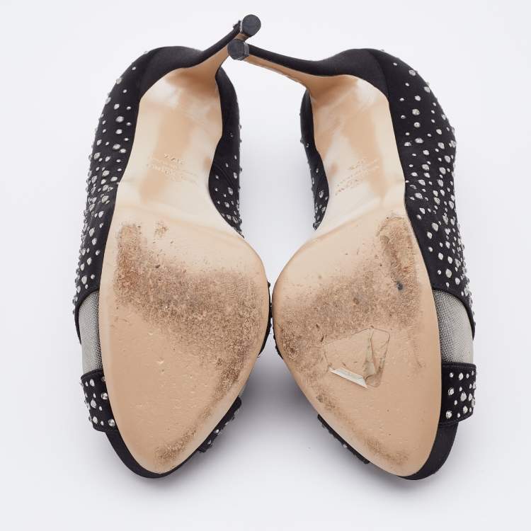 Pre Owned Valentino Black Satin and Mesh Crystal Embellished Platform Pumps Size 37.5