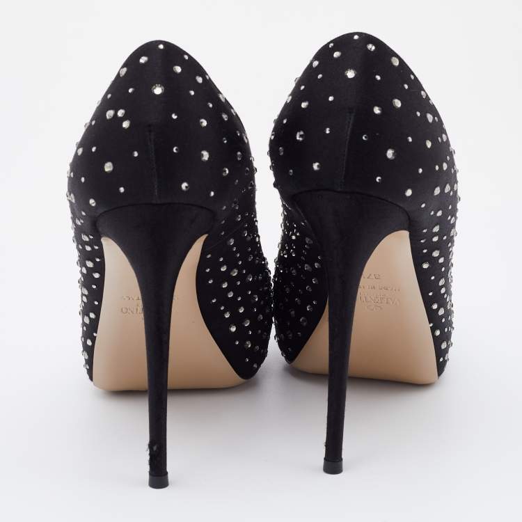 Pre Owned Valentino Black Satin and Mesh Crystal Embellished Platform Pumps Size 37.5
