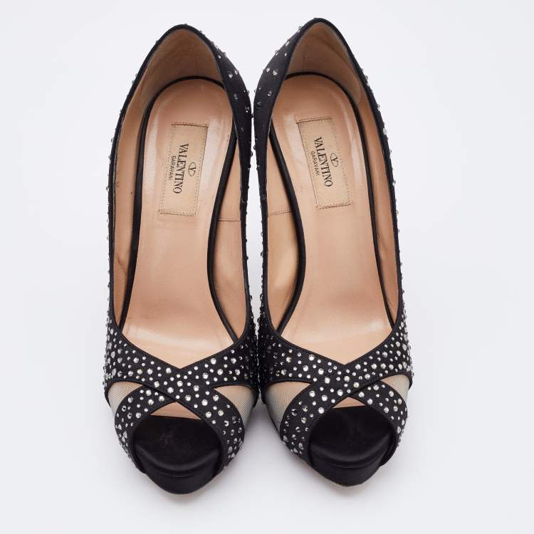 Pre Owned Valentino Black Satin and Mesh Crystal Embellished Platform Pumps Size 37.5
