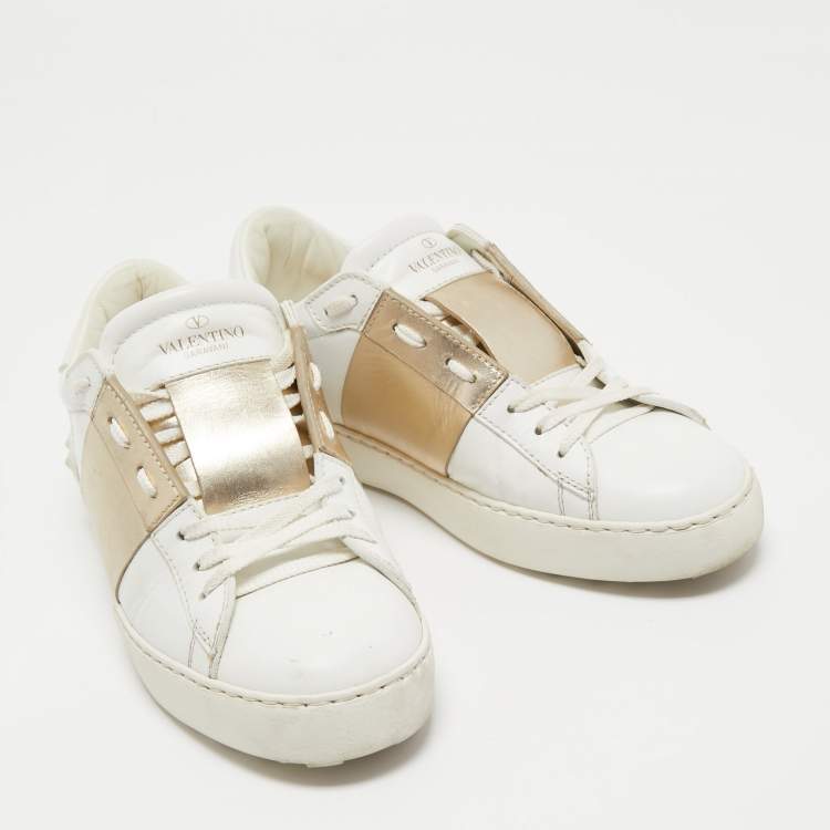 Pre Owned Valentino White/Gold Leather Rockstud Low Top Sneakers Size 36.5