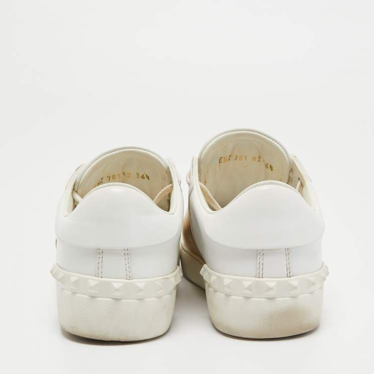 Pre Owned Valentino White/Gold Leather Rockstud Low Top Sneakers Size 36.5