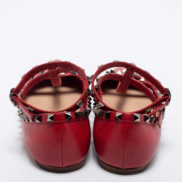 Pre Owned Valentino Red Leather Rockstud Ankle Strap Ballet Flats Size 39.5