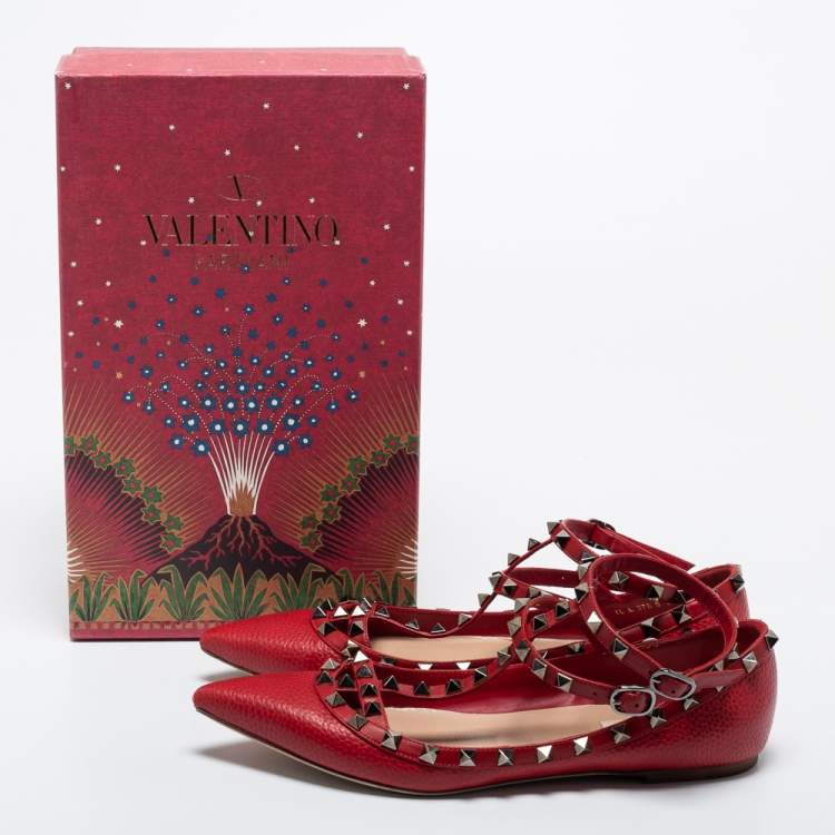 Pre Owned Valentino Red Leather Rockstud Ankle Strap Ballet Flats Size 39.5