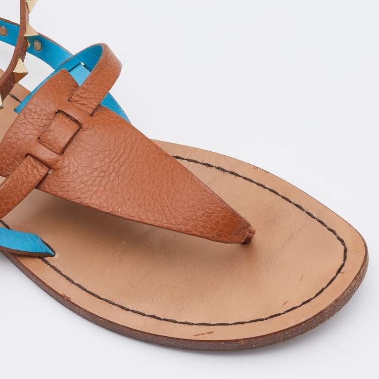 Pre Owned Valentino Brown Leather Rockstud Thong Ankle Strap Flats Size 38