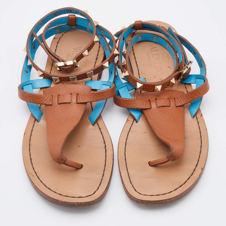 Pre Owned Valentino Brown Leather Rockstud Thong Ankle Strap Flats Size 38