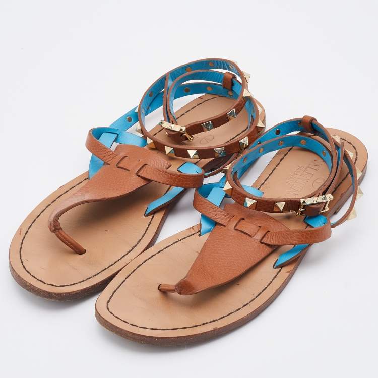 Pre Owned Valentino Brown Leather Rockstud Thong Ankle Strap Flats Size 38