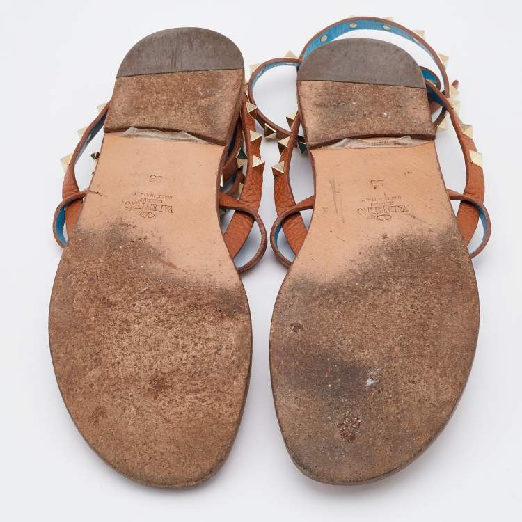 Pre Owned Valentino Brown Leather Rockstud Thong Ankle Strap Flats Size 38