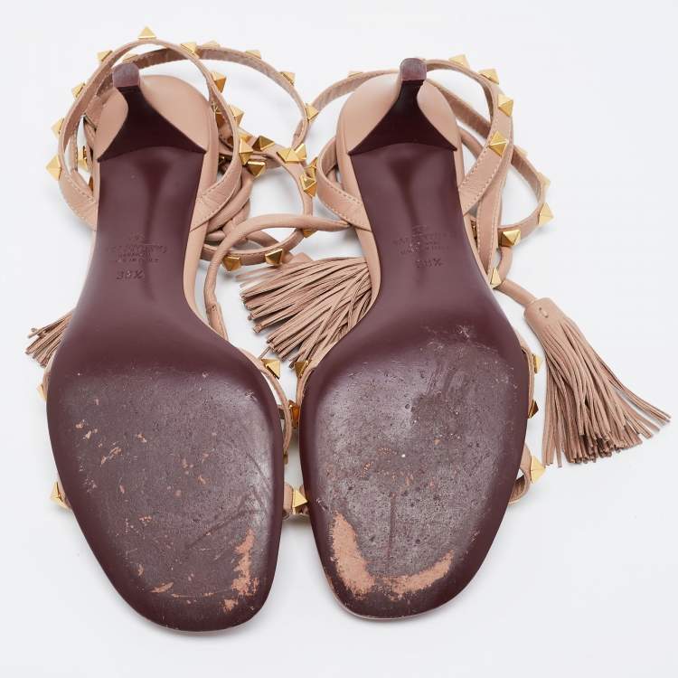 Pre Owned Valentino Beige Leather Rockstud Ankle Wrap Sandals Size 38.5