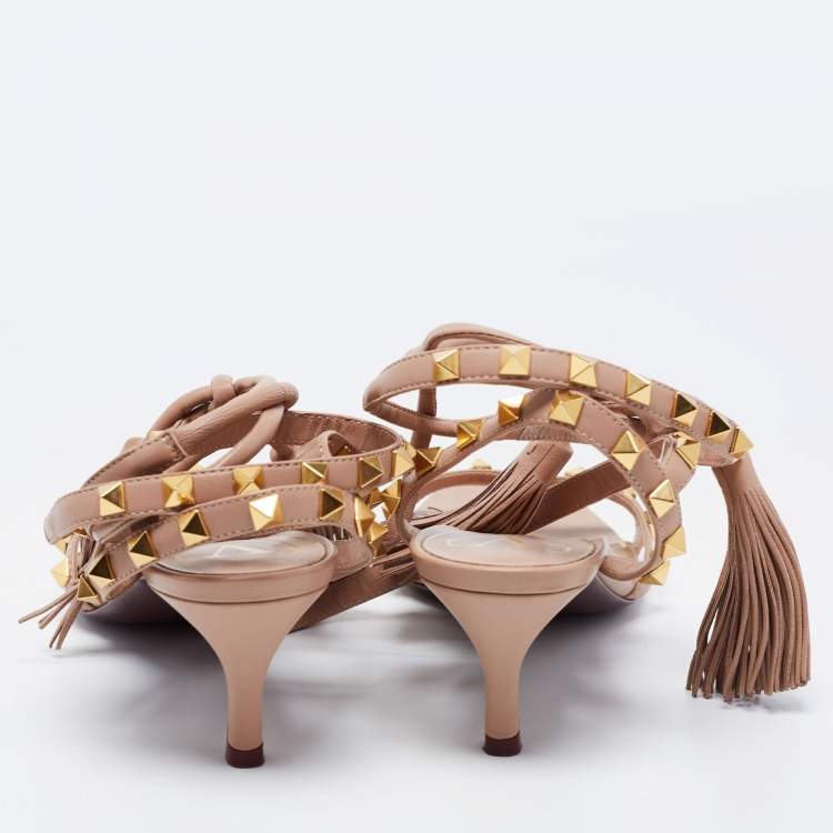 Pre Owned Valentino Beige Leather Rockstud Ankle Wrap Sandals Size 38.5