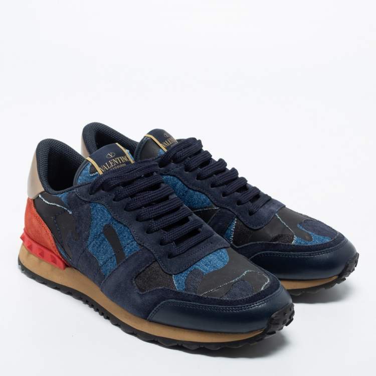 مملوكة مسبقًا Valentino Blue Leather and Suede Rockrunner Sneakers Size 41