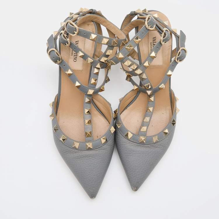 Pre Owned Valentino Grey Leather Rockstud Caged Pointed Toe Pumps Size 37.5