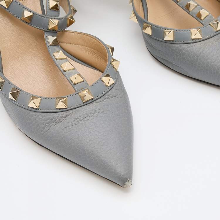 Pre Owned Valentino Grey Leather Rockstud Caged Pointed Toe Pumps Size 37.5