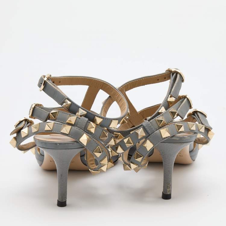 Pre Owned Valentino Grey Leather Rockstud Caged Pointed Toe Pumps Size 37.5