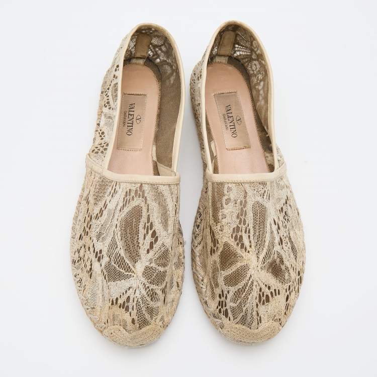 Pre Owned Valentino Cream Lace and Leather Espadrille Flats Size 36