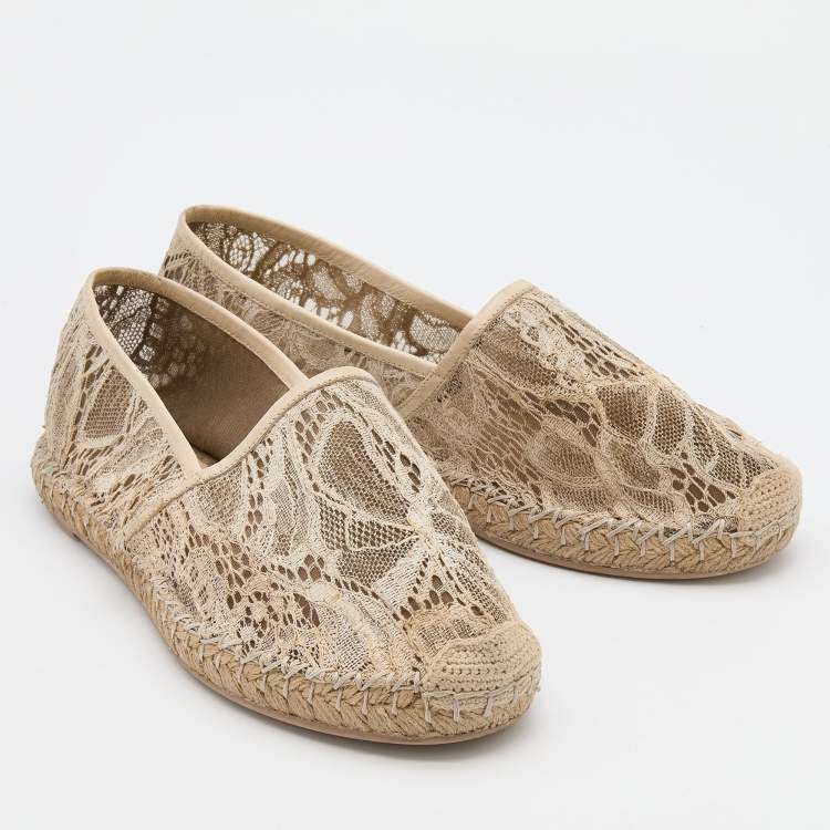 Pre Owned Valentino Cream Lace and Leather Espadrille Flats Size 36