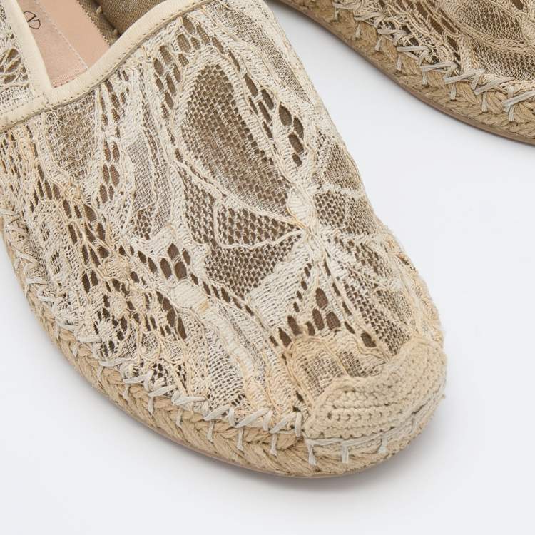 Pre Owned Valentino Cream Lace and Leather Espadrille Flats Size 36