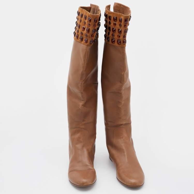 Pre Owned Valentino Brown Leather and Suede Crystal Embellished Knee Length Boots Size 39