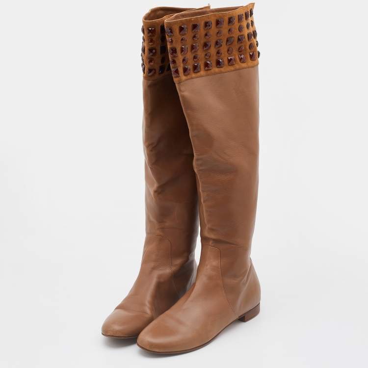 Pre Owned Valentino Brown Leather and Suede Crystal Embellished Knee Length Boots Size 39
