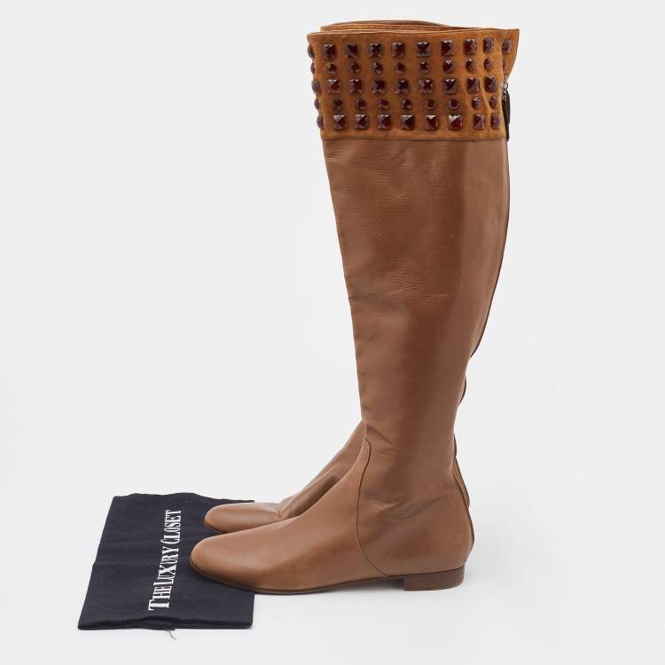Pre Owned Valentino Brown Leather and Suede Crystal Embellished Knee Length Boots Size 39