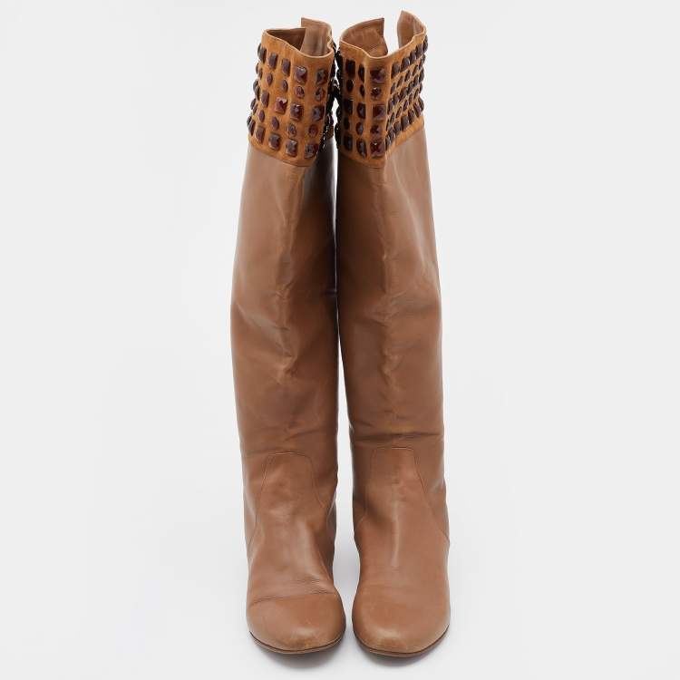 Pre Owned Valentino Brown Leather and Suede Crystal Embellished Knee Length Boots Size 39
