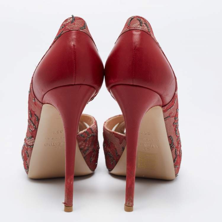 Pre Owned Valentino Two Tone Lace, Mesh and Leather Peep Toe D'orsay Pumps Size 36.5