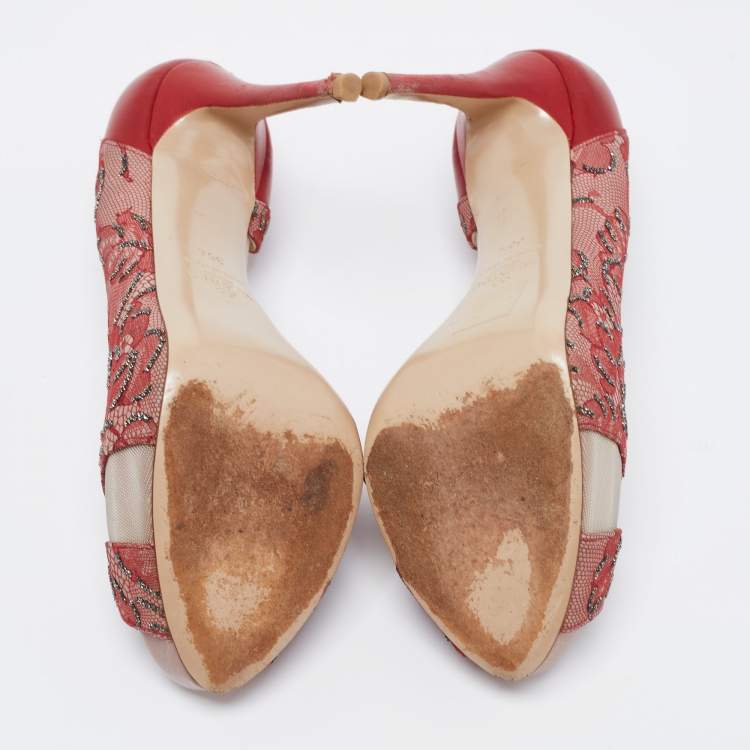 Pre Owned Valentino Two Tone Lace, Mesh and Leather Peep Toe D'orsay Pumps Size 36.5
